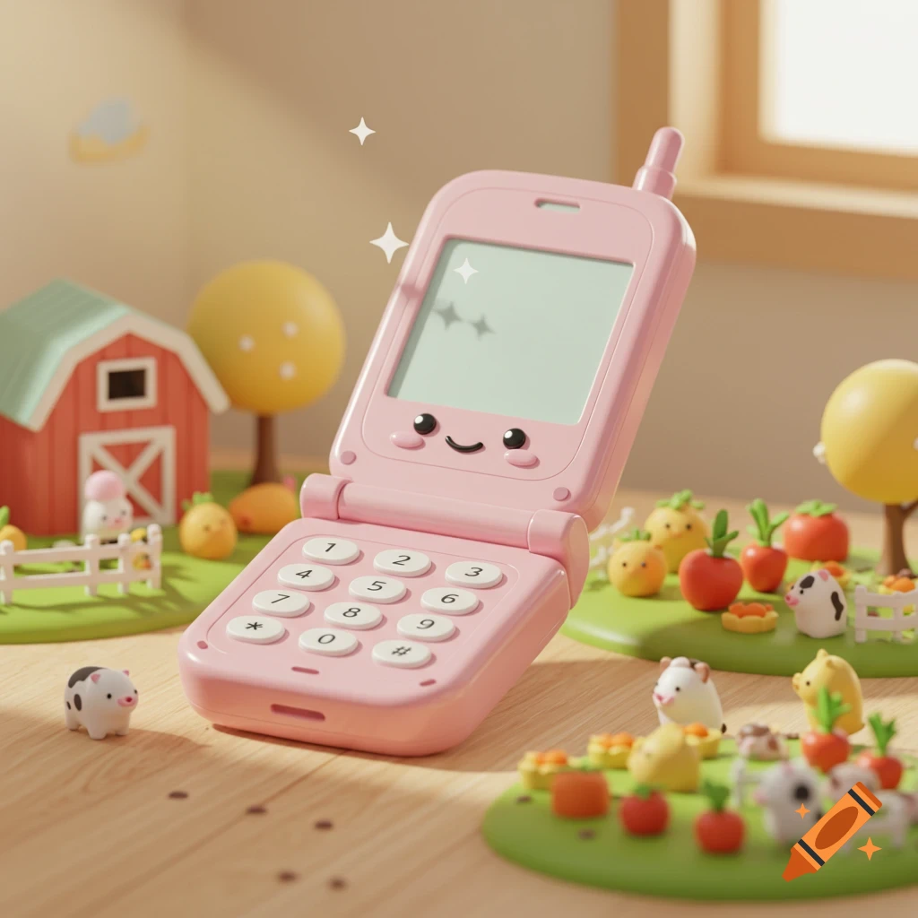 A cute pink flip phone with a smiling screen lies on a wooden surface, surrounded by miniature farm animals and elements in a sunlit 3D render.