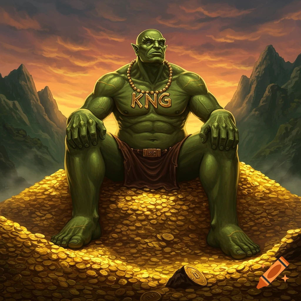 A muscular, green-skinned giant with pointy ears sits on a mountain of gold coins, wearing a KNG necklace, against a dramatic sunset sky and mountains.