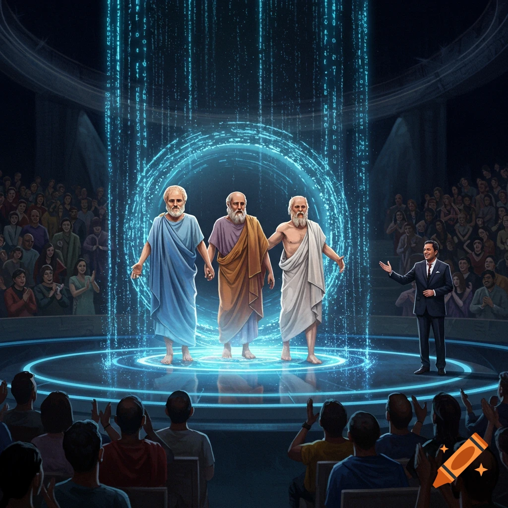 Three ancient Greek philosophers materialize from a digital portal onto a modern stage, greeted by a moderator as an audience claps. Vibrant illustration.