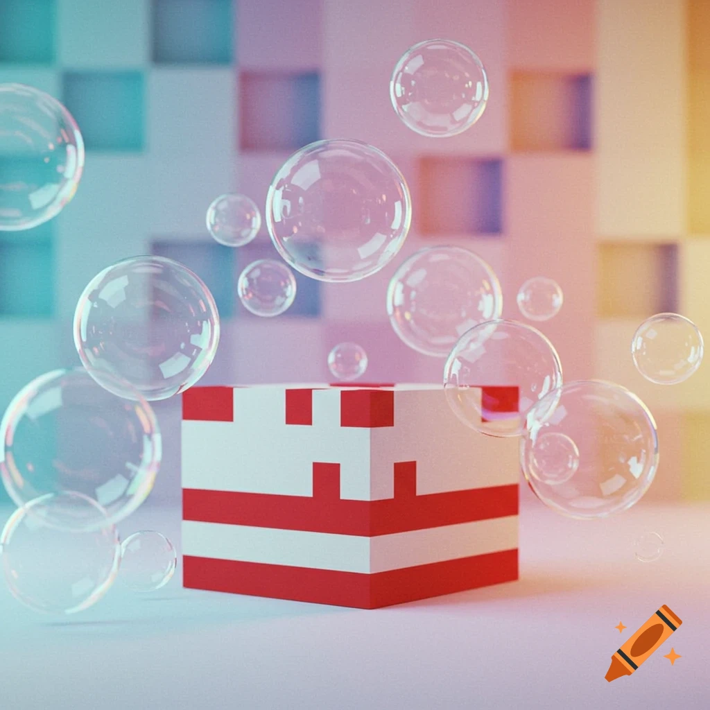A stylized white and red block resembling a Minecraft cake, surrounded by numerous floating, translucent soap bubbles.