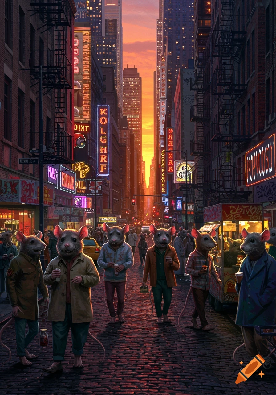 Anthropomorphic rats in coats walk down a bustling New York City street at sunset, illuminated by neon signs.