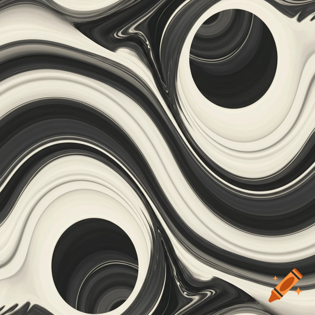 Abstract black and off-white intertwined wavy lines creating a fluid, yin-yang wave pattern with two circular voids.