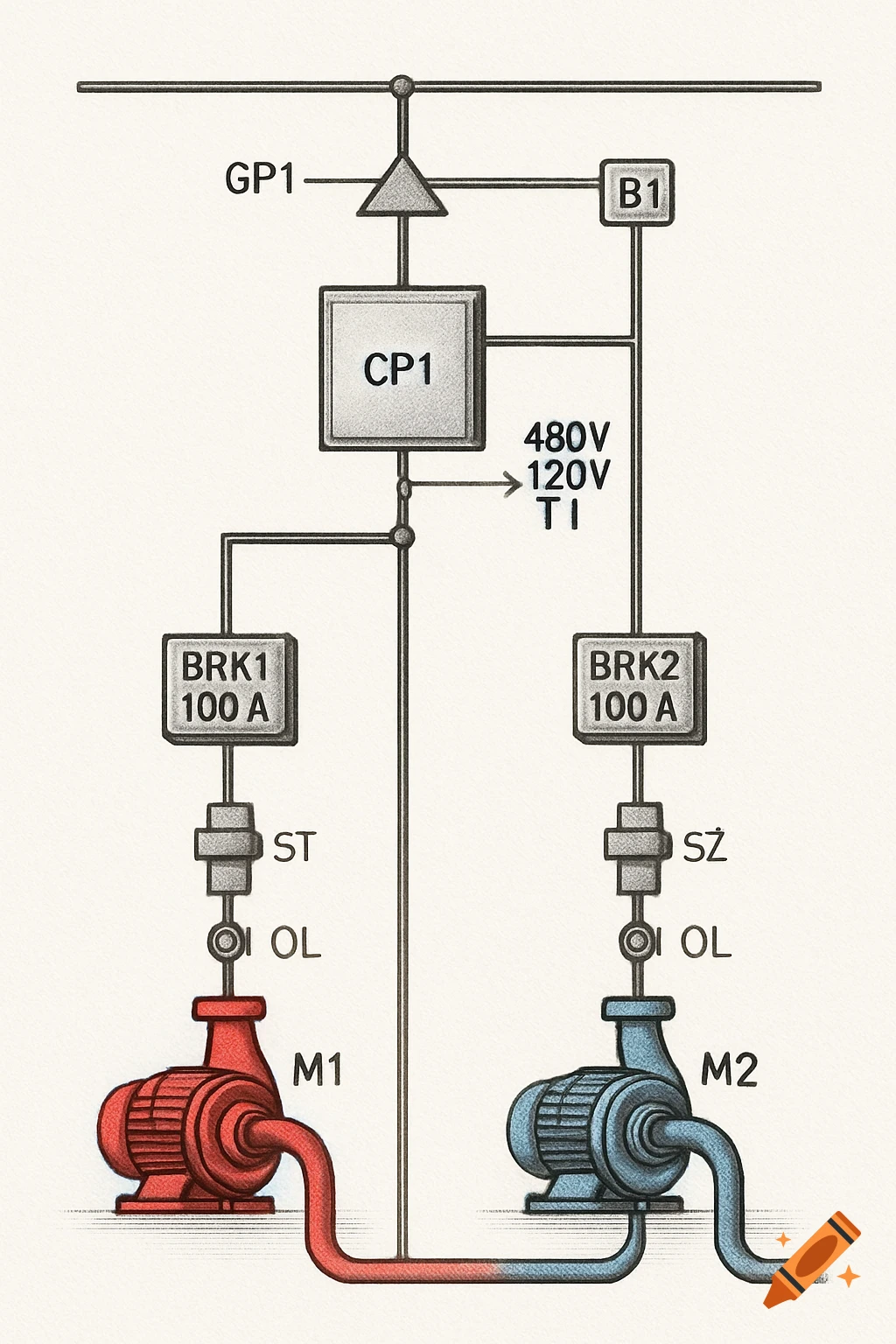 A detailed technical diagram showing electrical connections to two pumps, one red and one blue, with various components and labels.