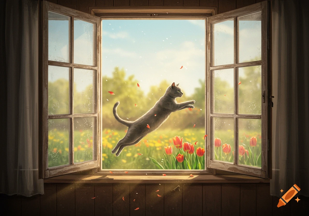 A gray cat leaps through an open wooden window into a sunny field filled with red tulips and yellow flowers, with red petals falling.