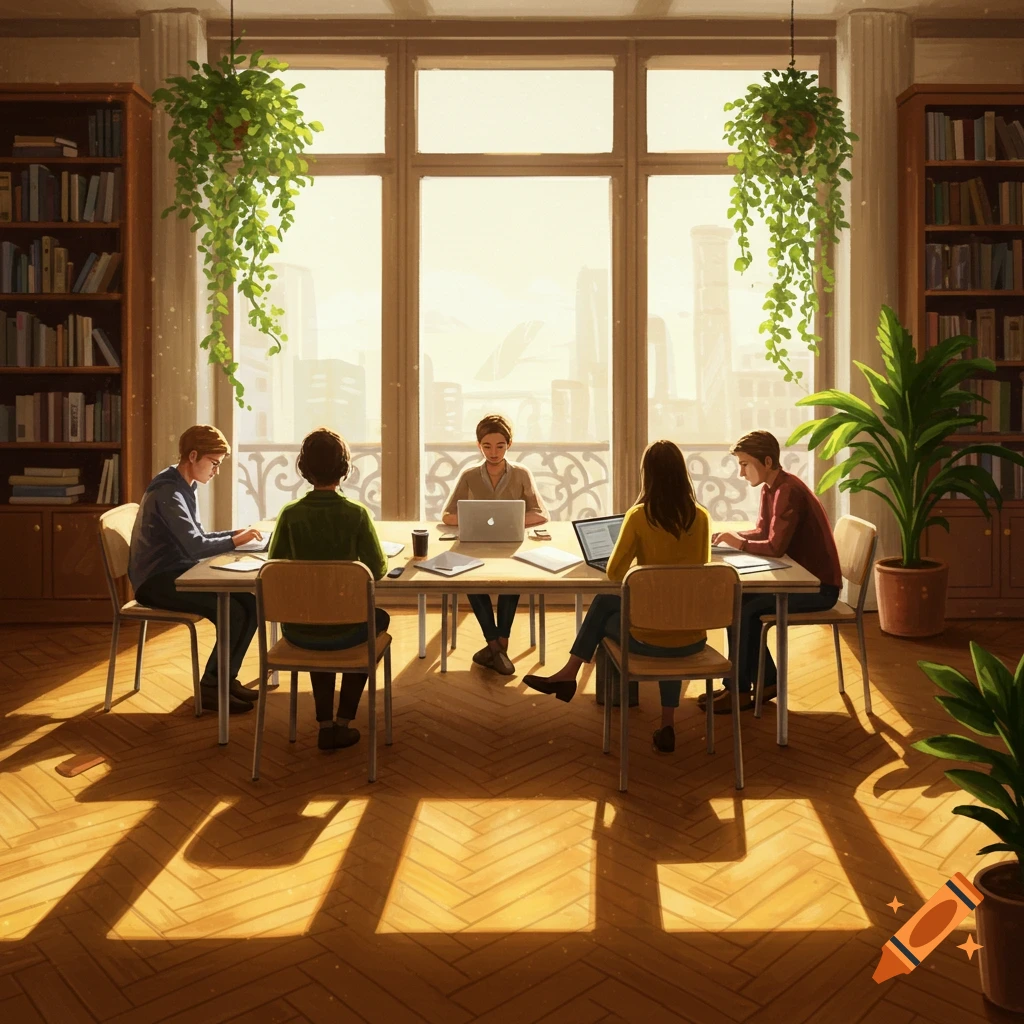 Five people work on laptops around a table in a sunlit modern room with large windows, bookshelves, and plants, digital art.