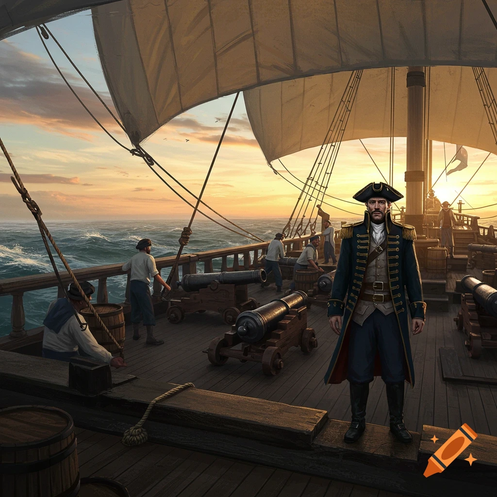A captain in uniform stands on a sailing warship deck at sunset, with sailors, cannons, and billowing sails.