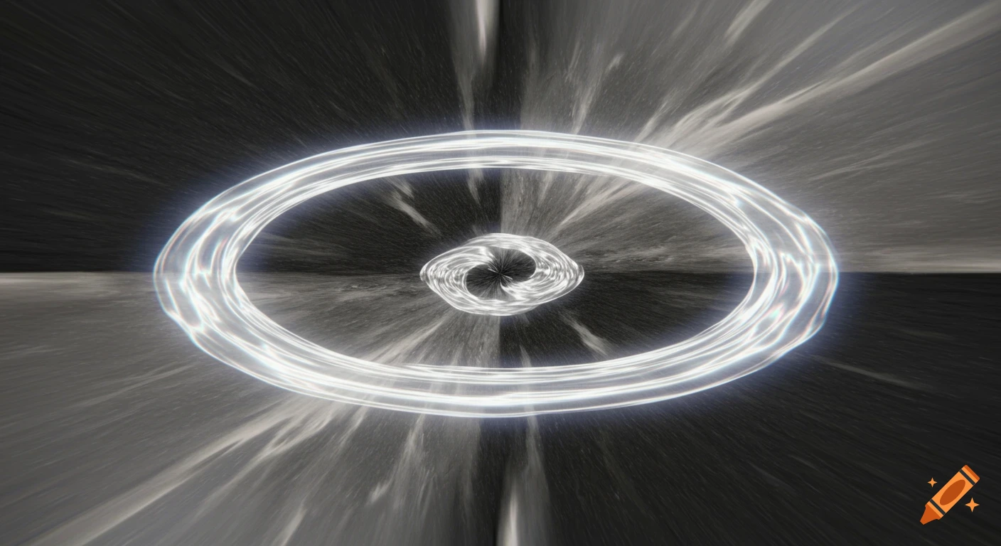 A glowing white elliptical ring and central swirling form on a swirling dark grey and white background, resembling a visual aura.