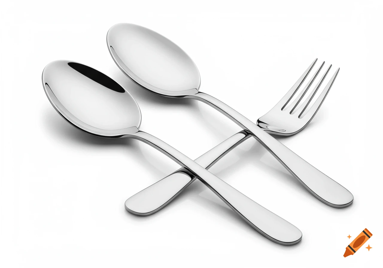Two shiny stainless steel spoons and a fork elegantly arranged on a white background in a photorealistic style.