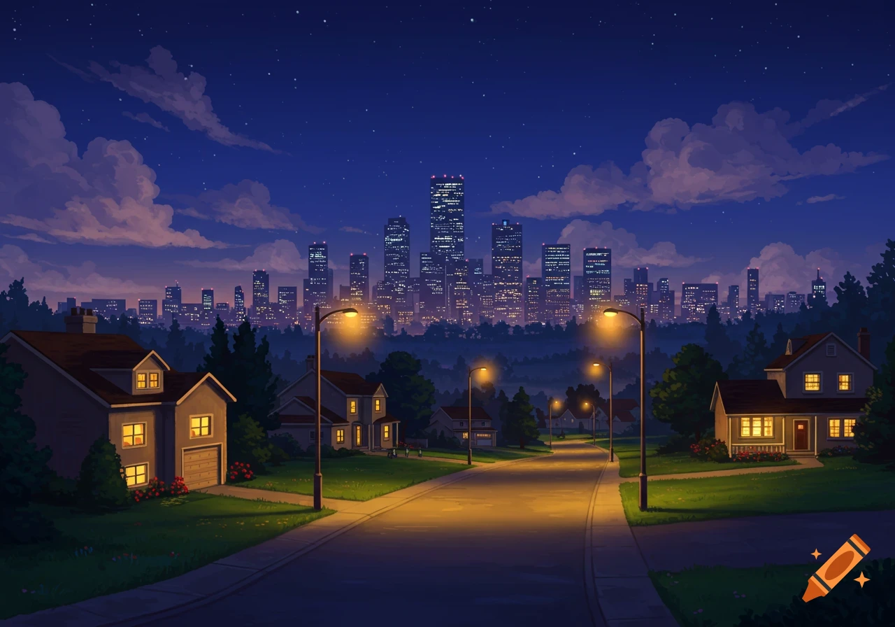 Stylized night view of a suburban street with houses and streetlights, leading to a vibrant city skyline under a cloudy, star-filled sky.
