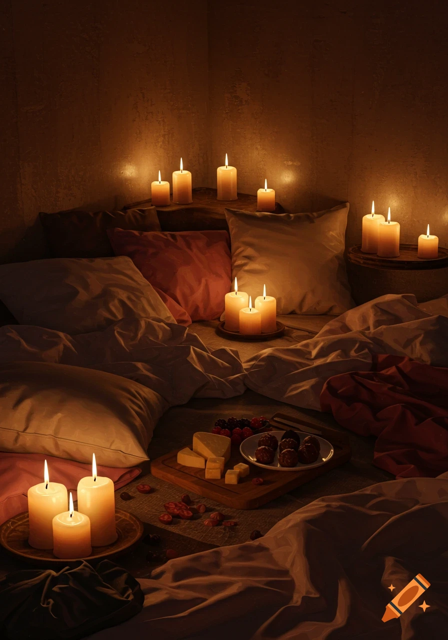 A romantic, dimly lit room with many lit candles, soft blankets, pillows, and a spread of cheese, berries, and chocolate truffles.