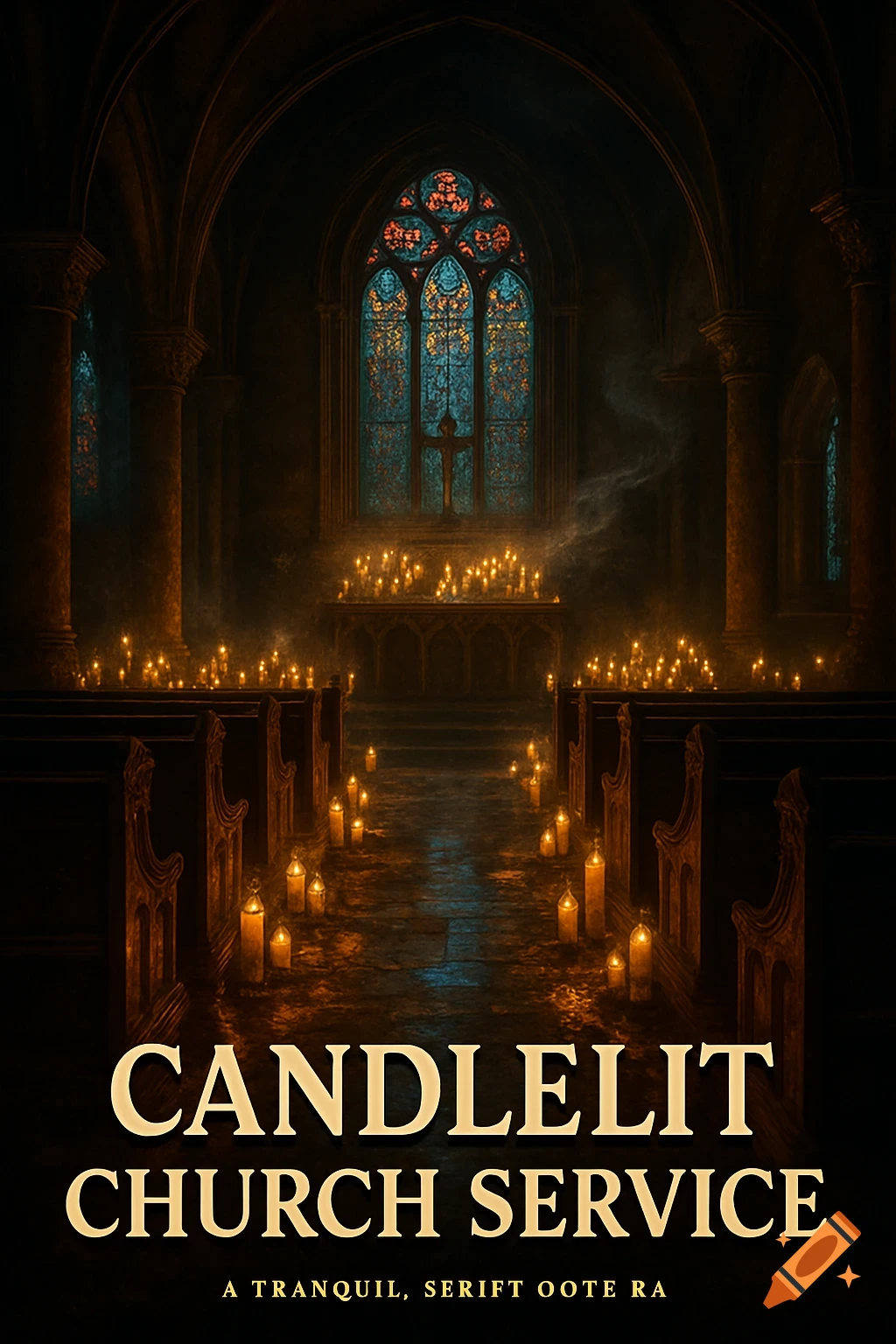 A dark, atmospheric church interior lit by numerous glowing candles, leading to an altar with a vibrant stained glass window.
