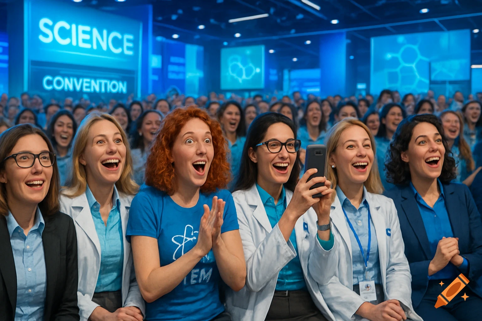 A group of diverse women scientists and interns cheering and laughing at a bright science convention.
