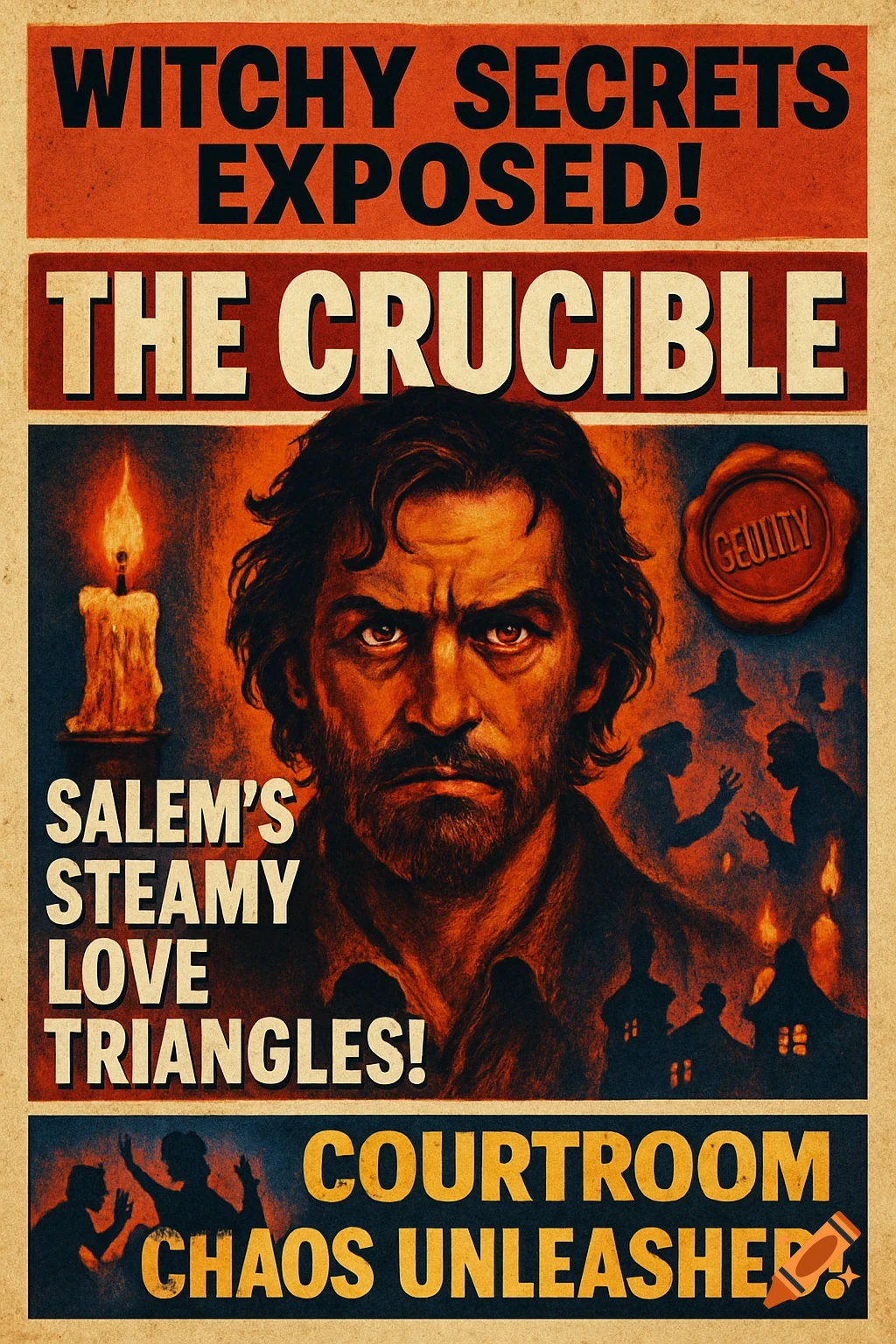 A vintage-style poster for 'The Crucible' with a stern man, candle, and silhouettes. Headlines include 'Witchy Secrets Exposed!', 'The Crucible', 'Salem's Steamy Love Triangles!', and 'Courtroom Chaos Unleashed!'