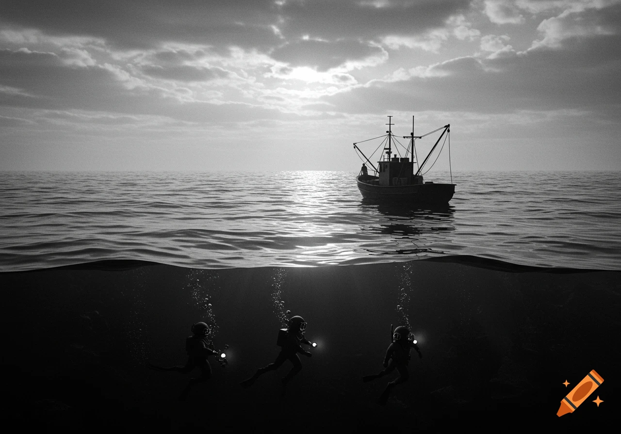 Black and white split view: a fishing boat floats on the ocean surface, while three deep-sea divers with flashlights swim underwater.