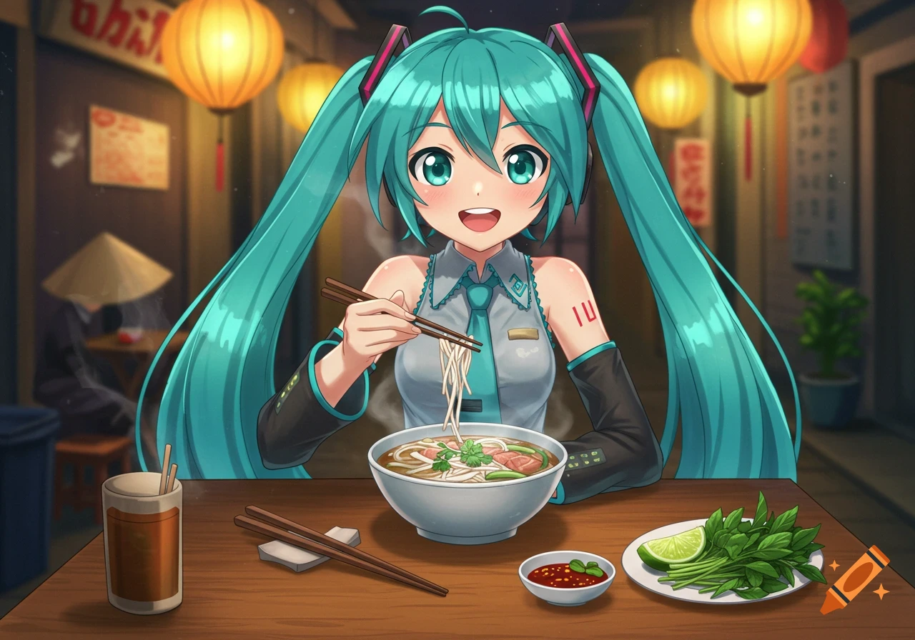 Anime-style Hatsune Miku happily eating pho with chopsticks at a wooden table in a lantern-lit Asian restaurant.