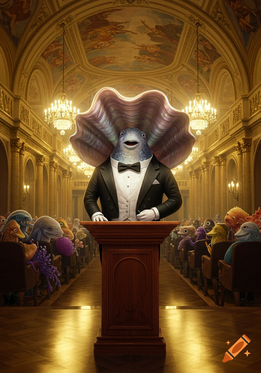 An anthropomorphic clam in a tuxedo speaks at a podium in a grand, ornate hall, addressing an audience of diverse sea creatures.