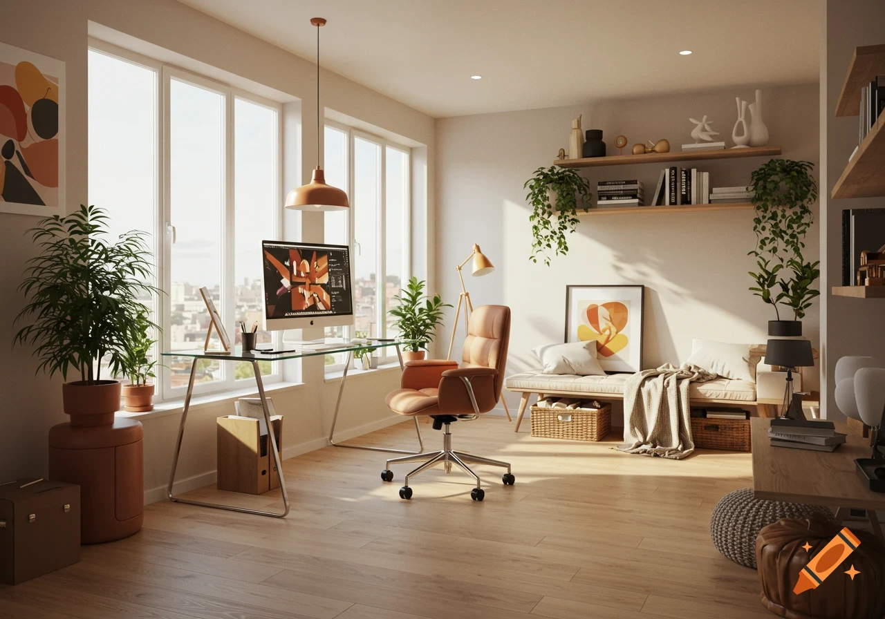 Sunlit modern home office with a glass desk, computer, brown ergonomic chair, plants, bookshelves, and a cozy bench.