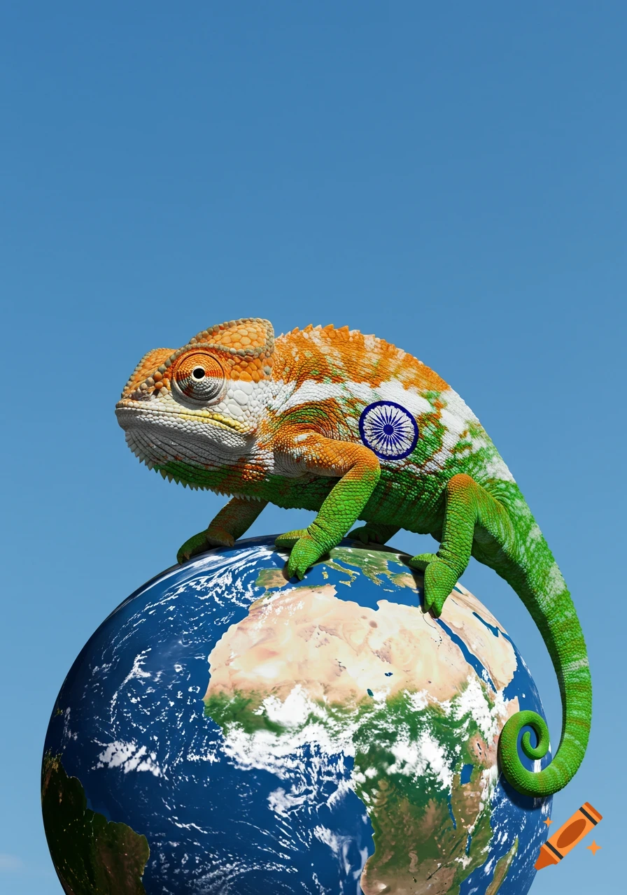 A chameleon with the Indian flag's orange, white, and green stripes, including the Ashoka Chakra, sits on a blue globe against a clear sky.