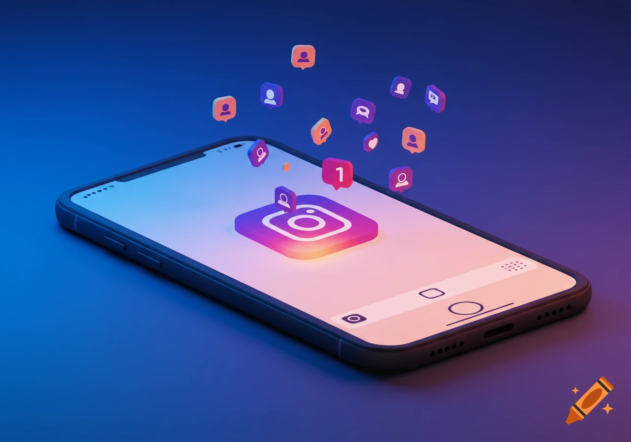 A 3D render of a smartphone displaying the Instagram logo and various notification icons floating above it on a blue-pink gradient background.