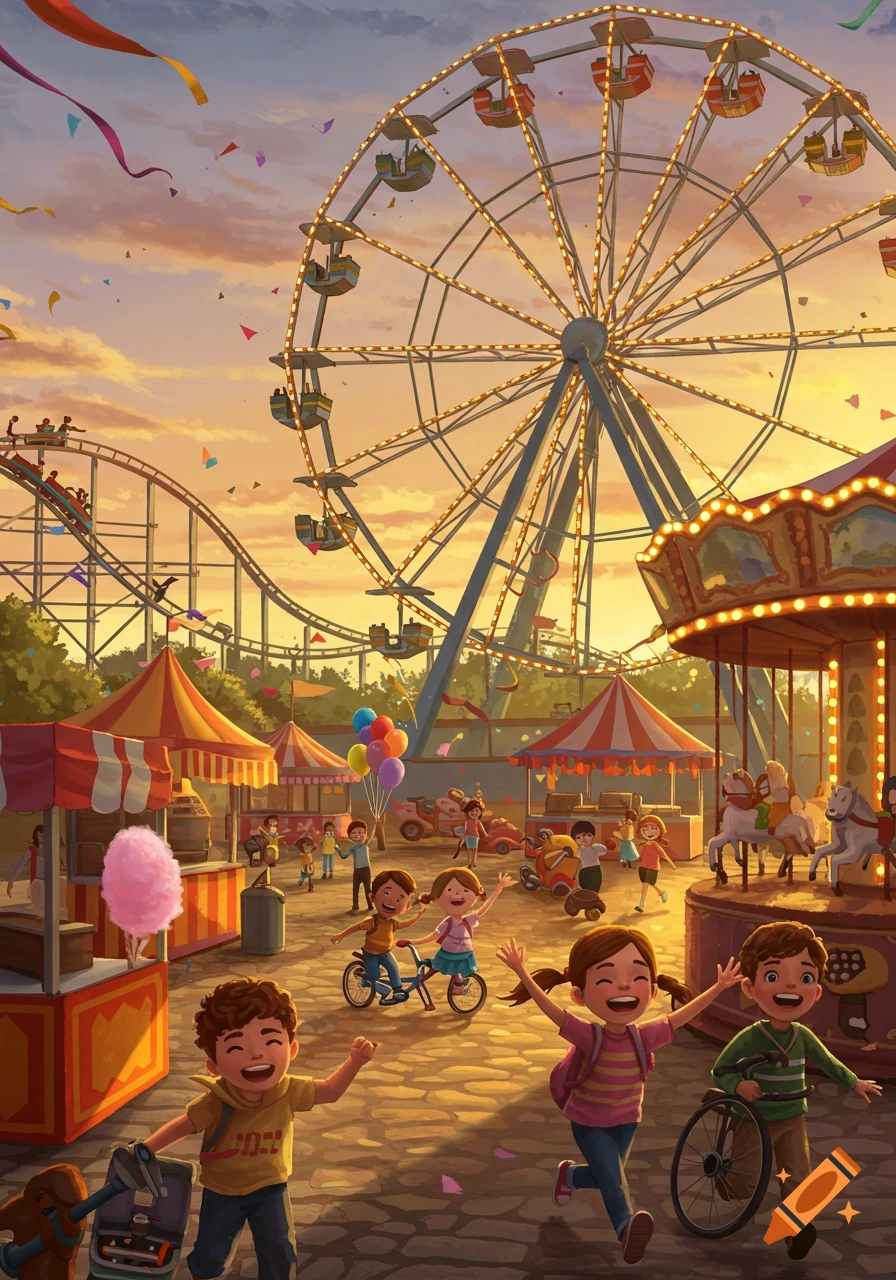 Illustration of happy children playing at a lively amusement park with a Ferris wheel and carousel at sunset.