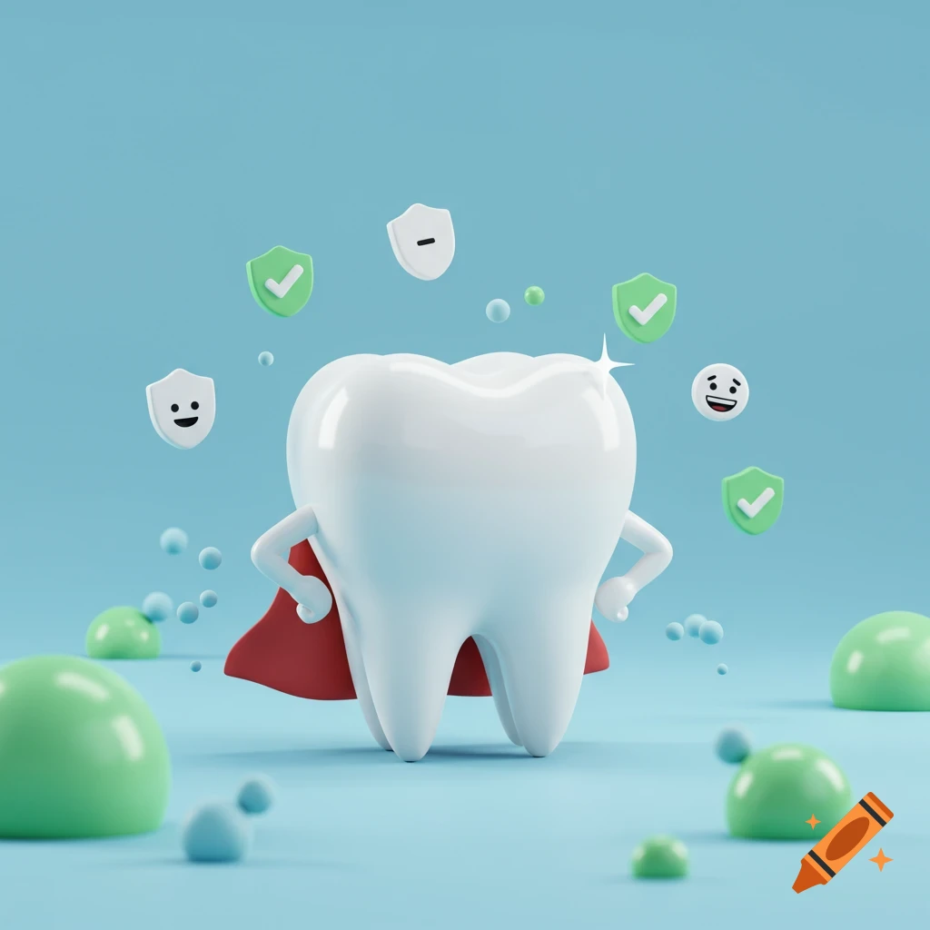 A cute 3D cartoon tooth in a red superhero cape stands on a blue surface, surrounded by dental health icons and bubbles.