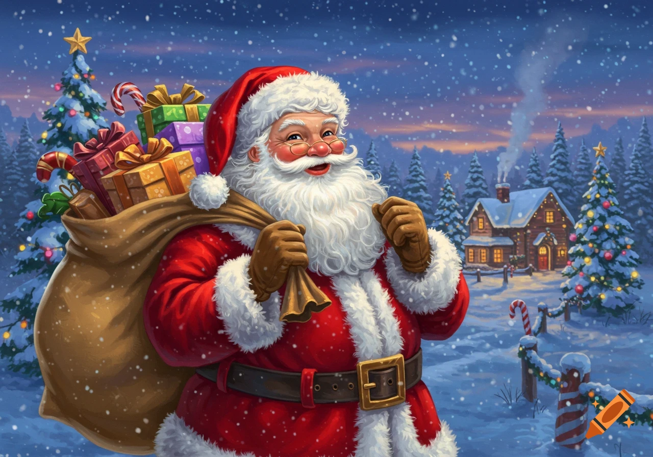 Jolly Santa Claus carrying a sack of presents in a snowy Christmas village with decorated trees and a cozy house.