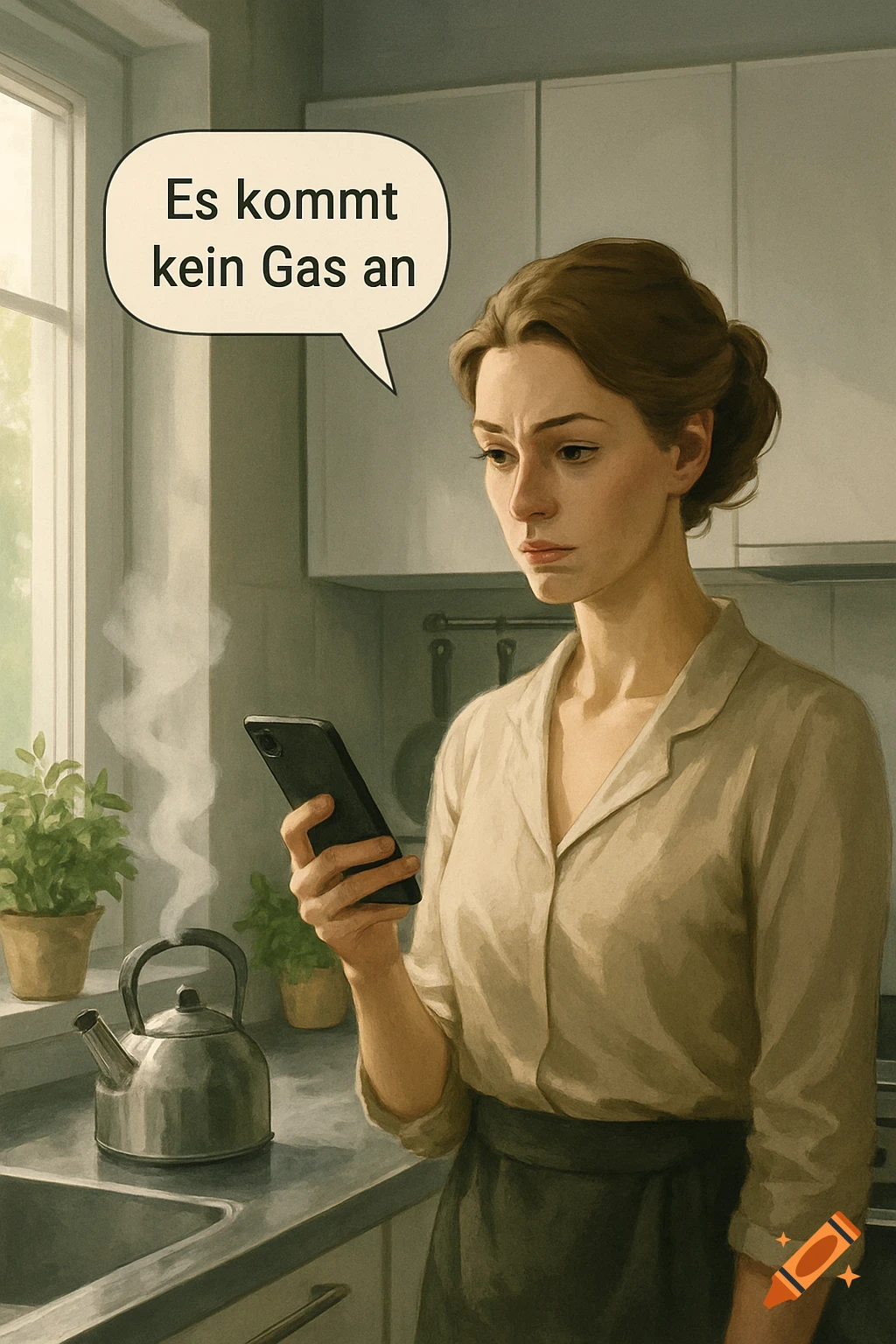 Digital painting: Concerned woman in kitchen holds phone, a speech bubble reads "Es kommt kein Gas an" (No gas is coming) as kettle steams.