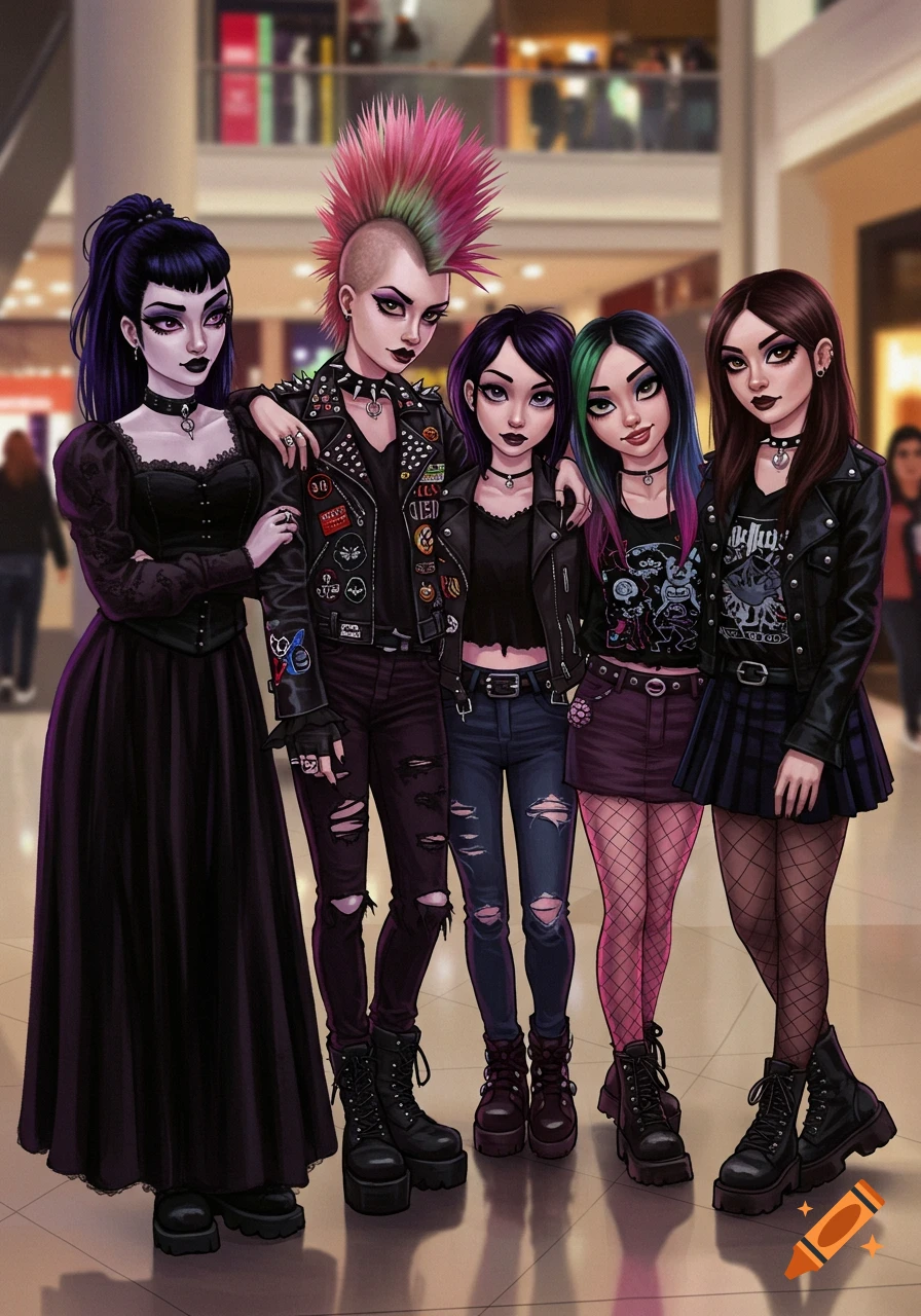 Five stylized cartoon girls in various alternative fashion styles like goth, punk, emo, and scene, posing together in a brightly lit mall.