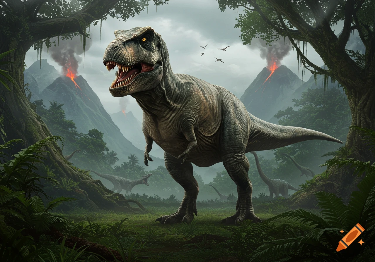 A powerful, photorealistic T-Rex stands in a lush prehistoric jungle, roaring amidst other dinosaurs and erupting volcanoes.