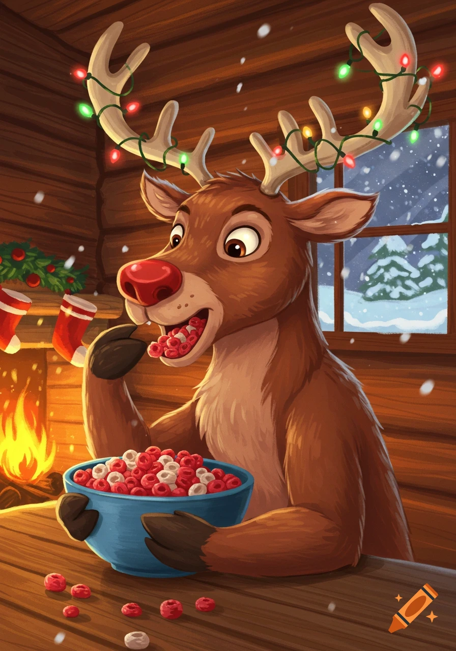 A cartoon reindeer with a red nose and Christmas lights on its antlers happily eats red and white cereal from a blue bowl in a cozy cabin.