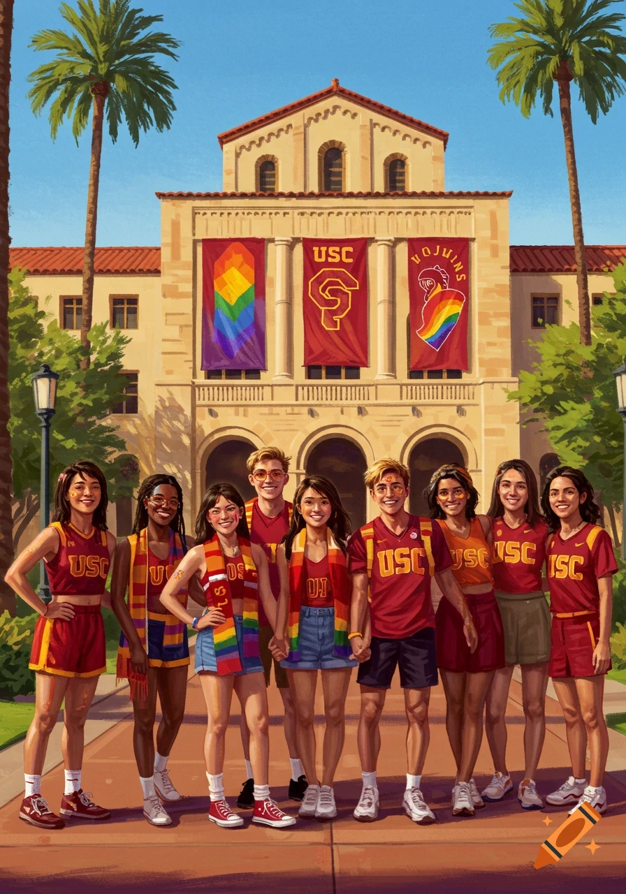 A diverse group of young adults, some in USC apparel and rainbow scarves, stands smiling in front of a campus building with USC banners under palm trees in a vibrant illustration.