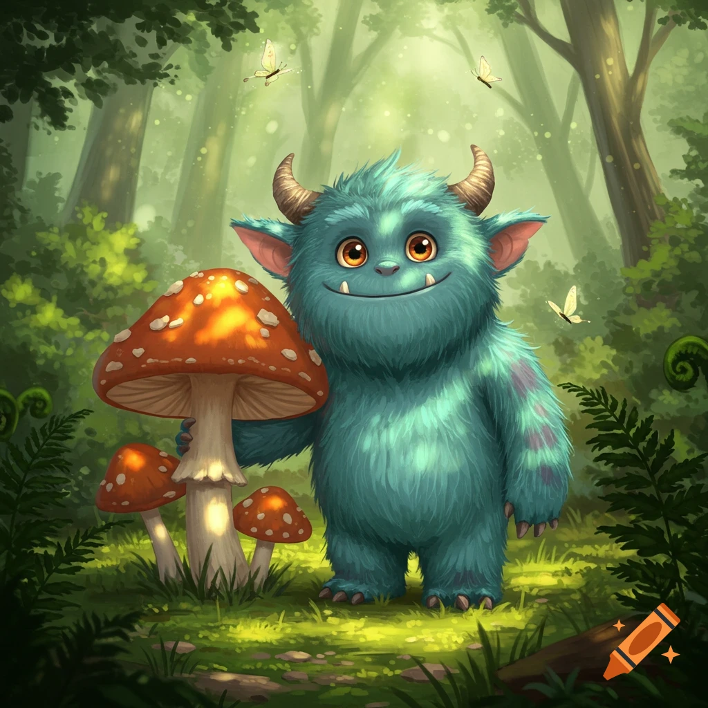 A cute, teal, furry monster with horns and big eyes smiles beside a large red mushroom in a sunlit, vibrant forest, with butterflies fluttering.