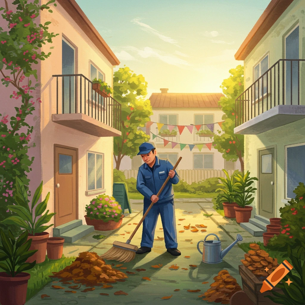 A man in a blue uniform sweeps a pile of autumn leaves in a sunny residential courtyard, illustration.