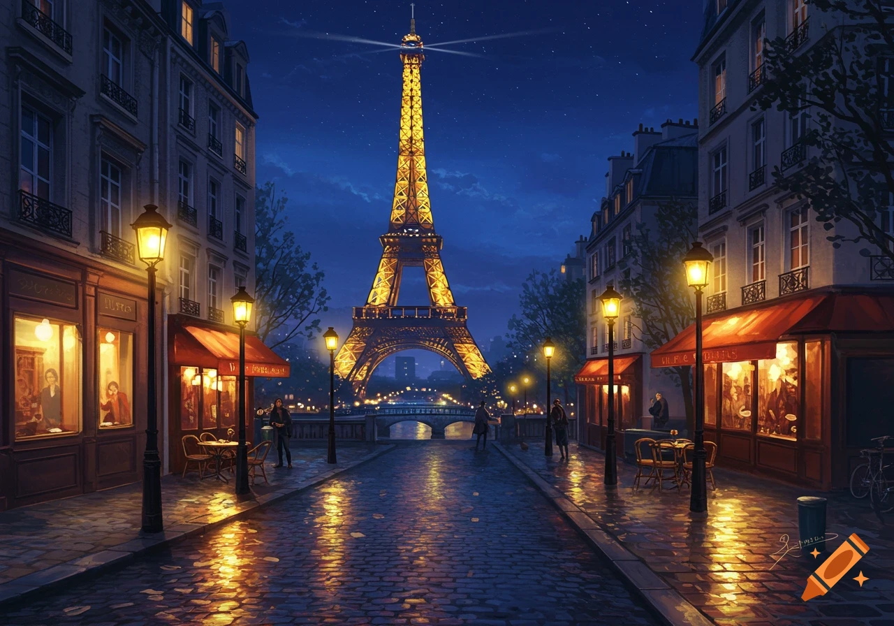A painted night view of a Parisian street leading to the illuminated Eiffel Tower, with lamp-lit storefronts reflecting on wet cobblestones.