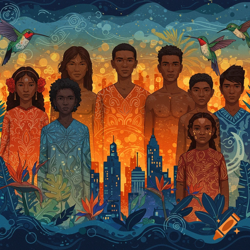 Stylized mural showing a diverse group of people, hummingbirds, and tropical plants against a vibrant sky and city skyline.