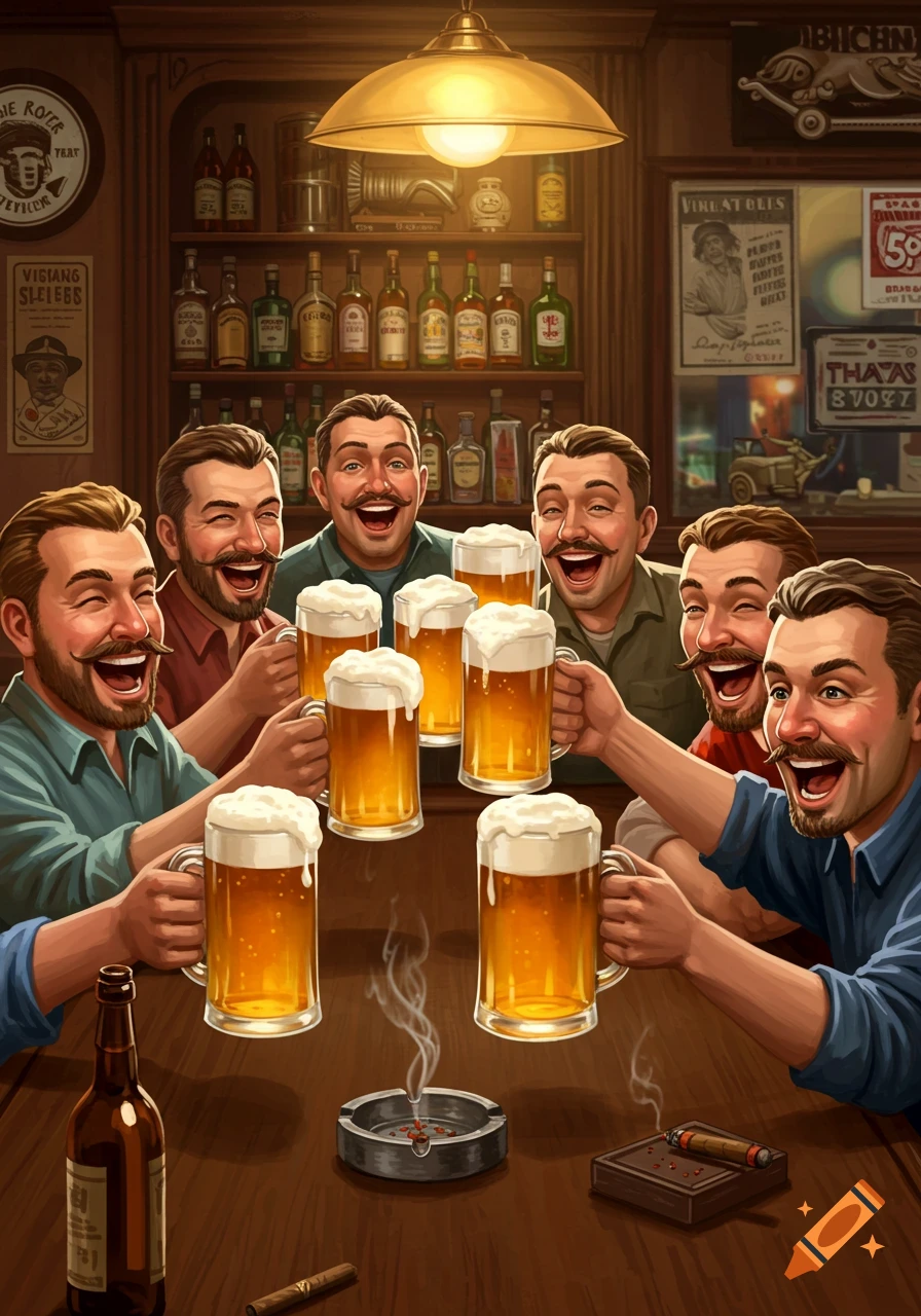 Stylized illustration of laughing men raising beer mugs at a rustic bar, with bottles, an ashtray, and a cigar.