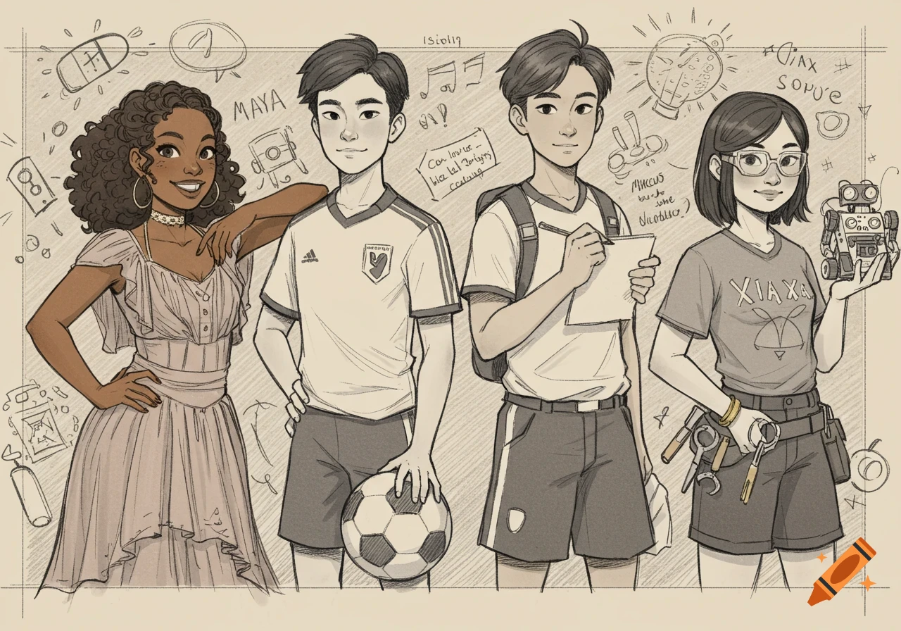 An illustration in sketch style of four high school students: a Black-Latina girl, a Chinese-Japanese boy with a soccer ball, a White-Middle Eastern boy writing, and a Chinese girl holding a robot.
