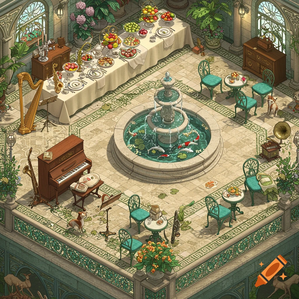 Isometric Art Nouveau winter garden with a banquet table, koi pond fountain, musical instruments, and small dogs on a patterned floor.