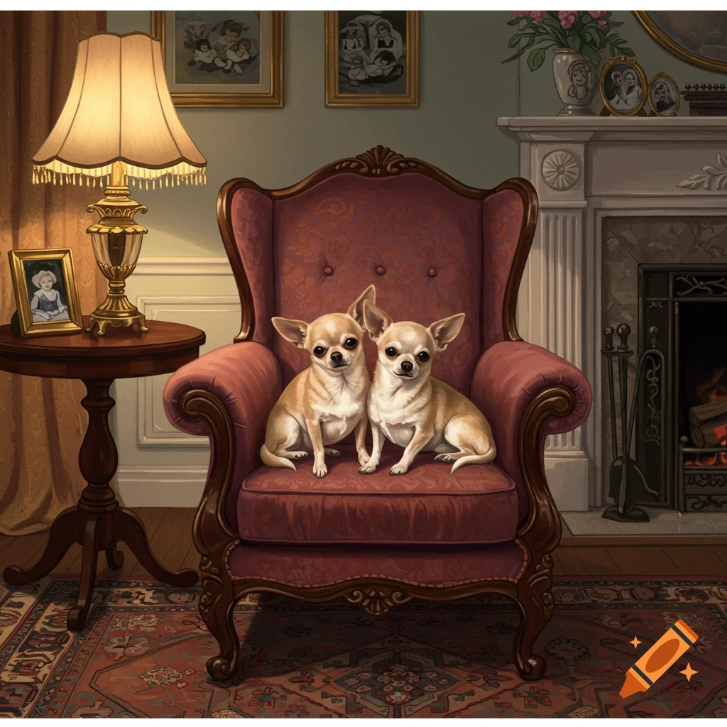 Two chihuahuas sit on a red armchair in a cozy, dimly lit living room with a fireplace and lamp, digital art style.