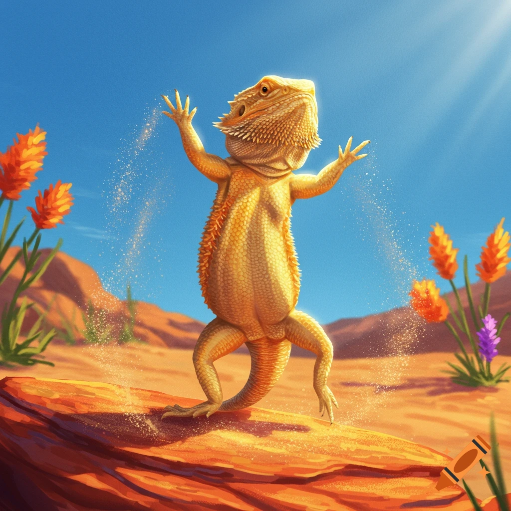 A cartoon bearded dragon dances on a rock, throwing sand into the air in a sunny desert scene with spiky orange flowers.