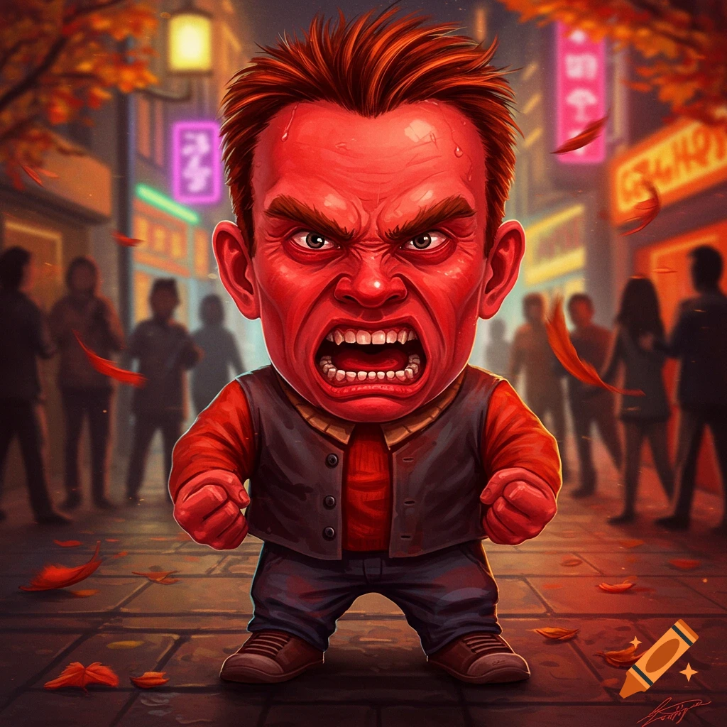 A cartoonish, furious short man with a bright red face yells on an urban street with autumn leaves and blurry figures in the background.