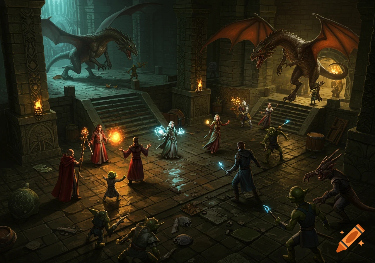 Overhead view of a fantasy RPG battle in a dark dungeon, with wizards and mages casting spells against two dragons and several goblins.