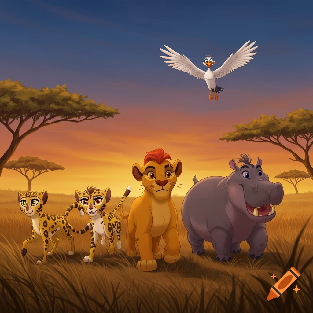 Cartoon characters Kion the lion, two cheetahs, Beshte the hippo, and Ono the egret on an African savanna at sunset.