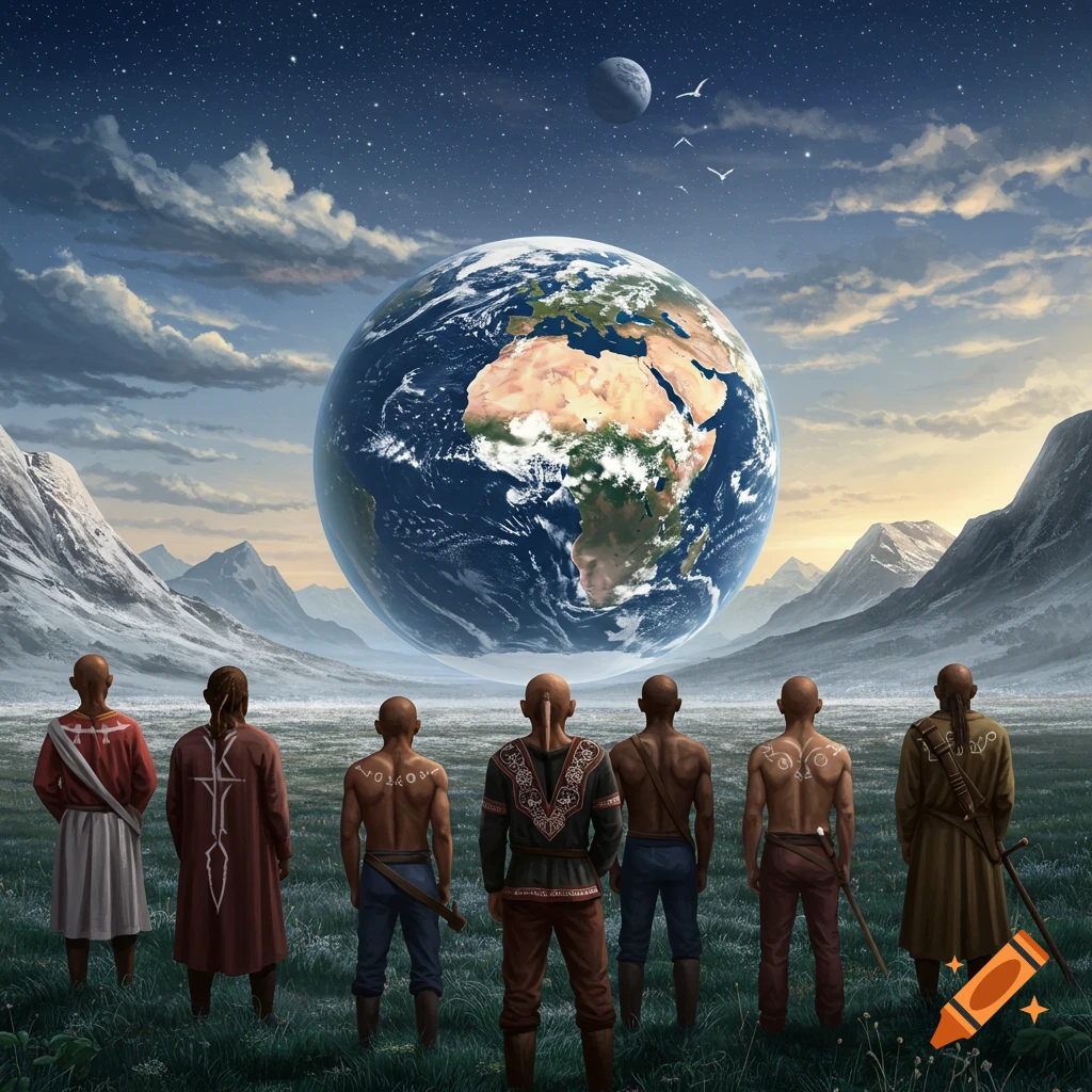 Six men in tribal attire stand in a grassy field looking at a massive Earth and moon in the sky, surrounded by mountains.