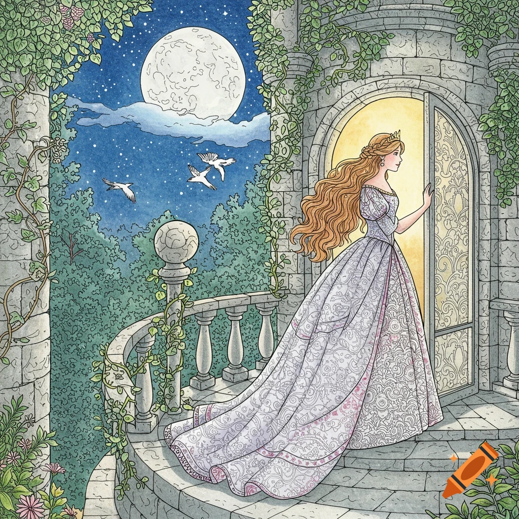 A coloring page illustration of a princess in a gown on a stone balcony, looking out at a full moon in a starry night sky.
