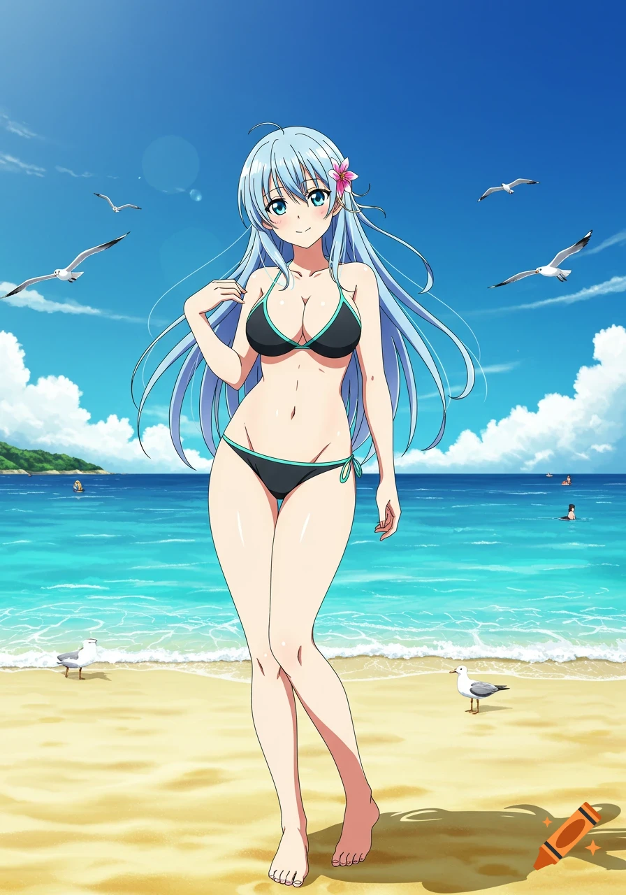 Anime woman with long light blue hair and a pink flower, wearing a black bikini, smiling on a sunny beach with blue ocean and seagulls.