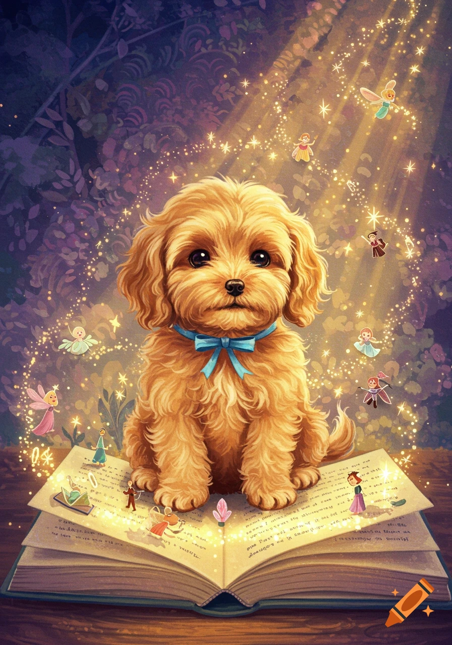 Fluffy golden puppy with a blue bow sits on an open storybook, surrounded by sparkling fairies in a magical forest, illustration.