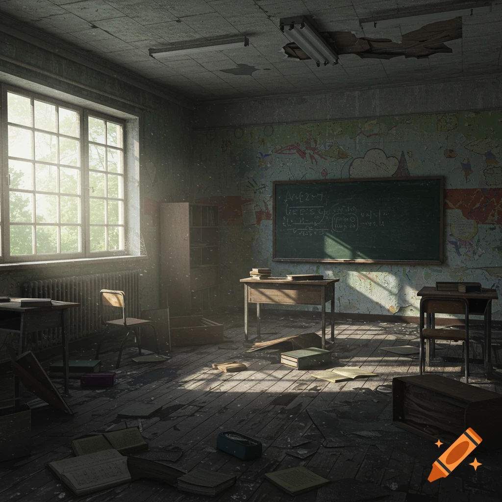 A dusty, abandoned classroom with sunlight through a window, scattered books, broken desks, and a blackboard.