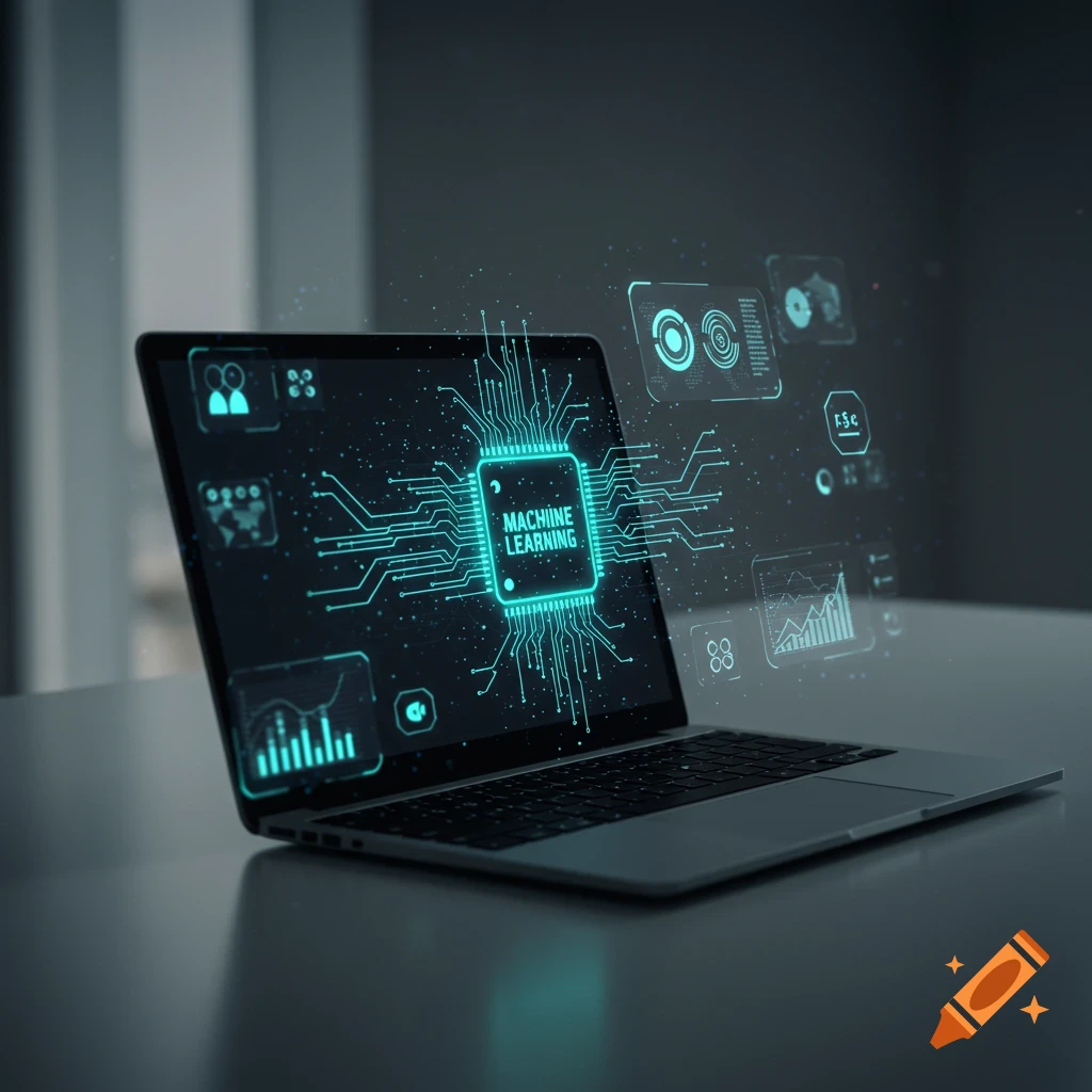 A laptop screen displays a glowing 'MACHINE LEARNING' circuit board design surrounded by digital data visuals.
