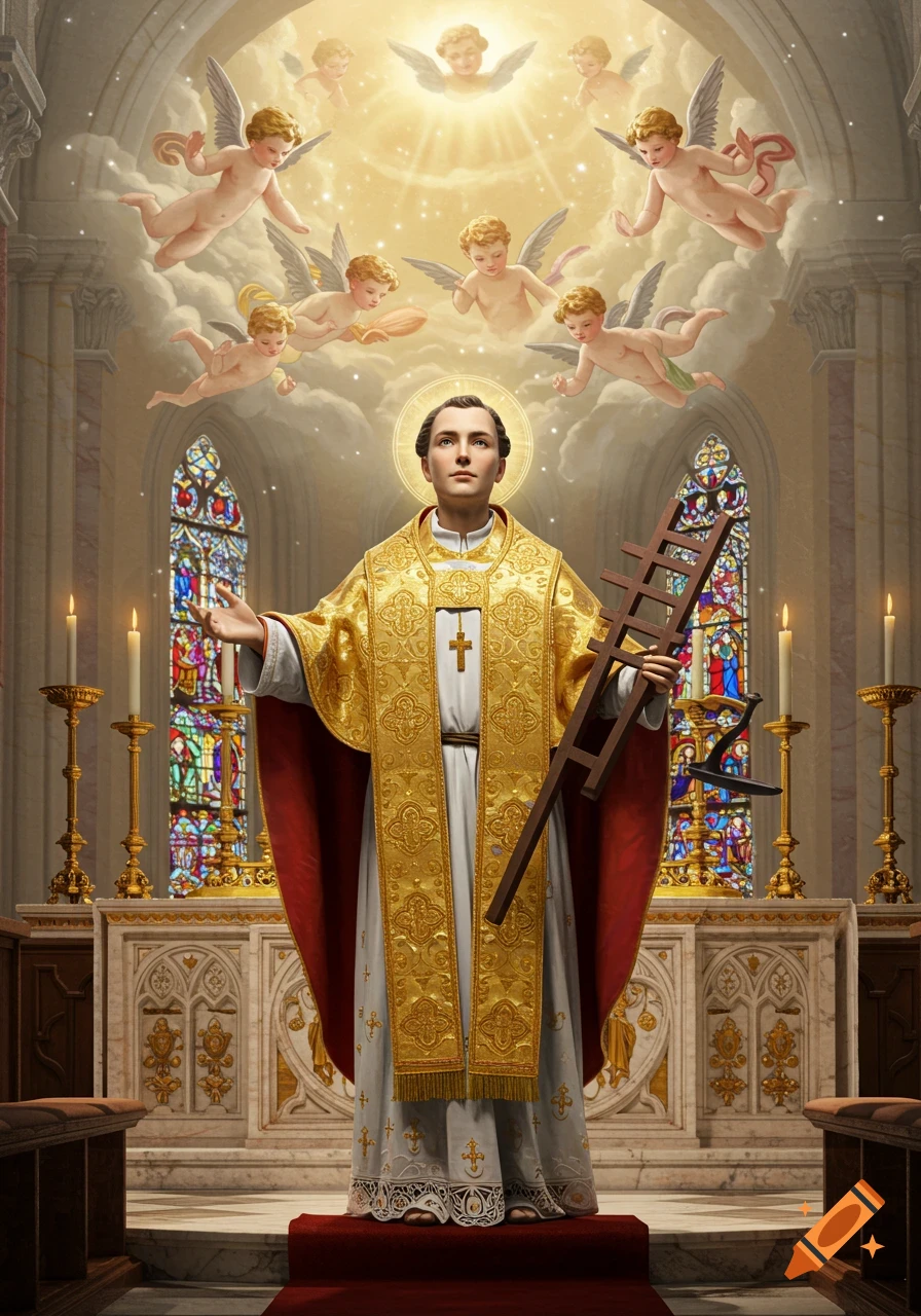 A solemn saint in golden and white robes holds a ladder while standing in a church with stained glass. Angels float above in a golden light.